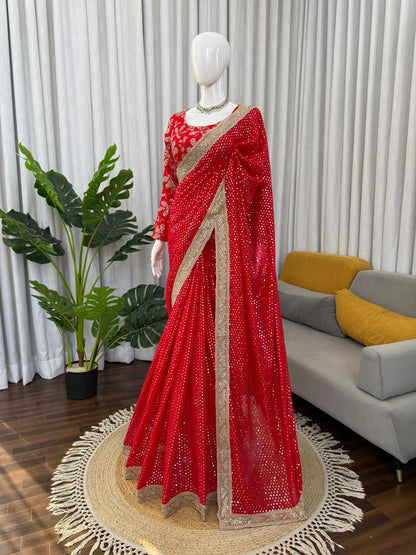 Red Colour Sequence Work Designer Saree with Unstitched Blouse