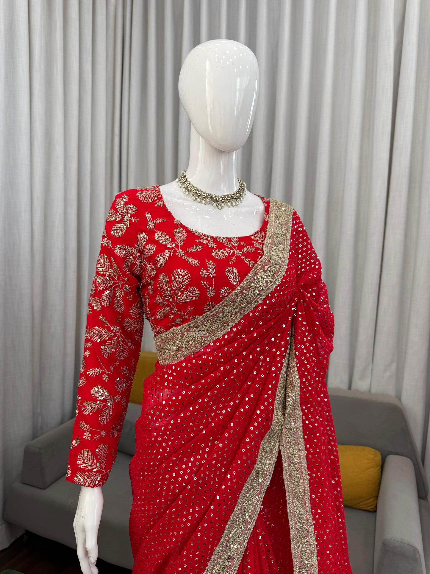 Red Colour Sequence Work Designer Saree with Unstitched Blouse