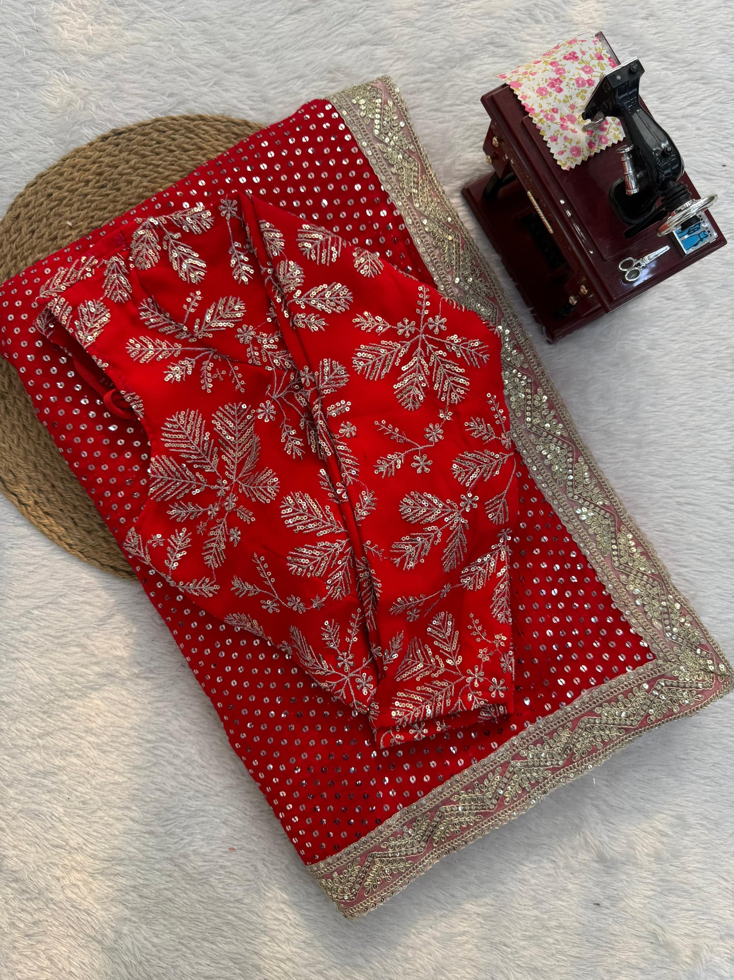 Red Colour Sequence Work Designer Saree with Unstitched Blouse
