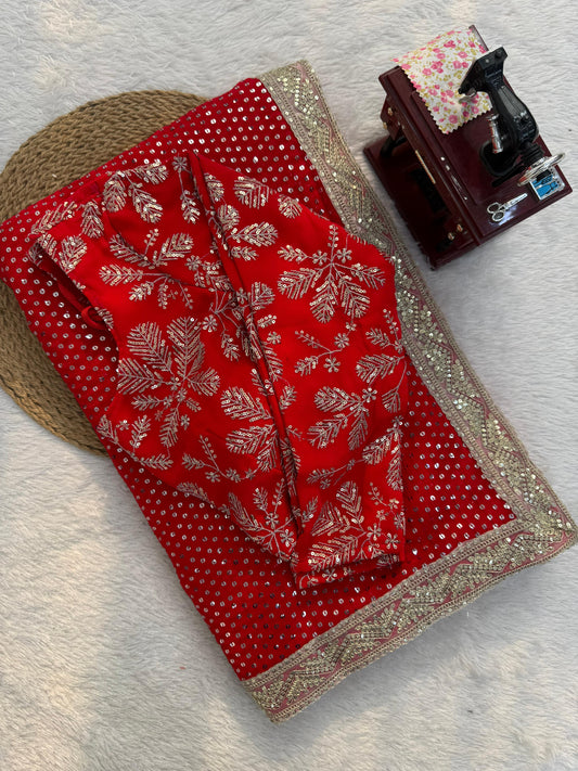 Red Colour Sequence Work Designer Saree with Unstitched Blouse