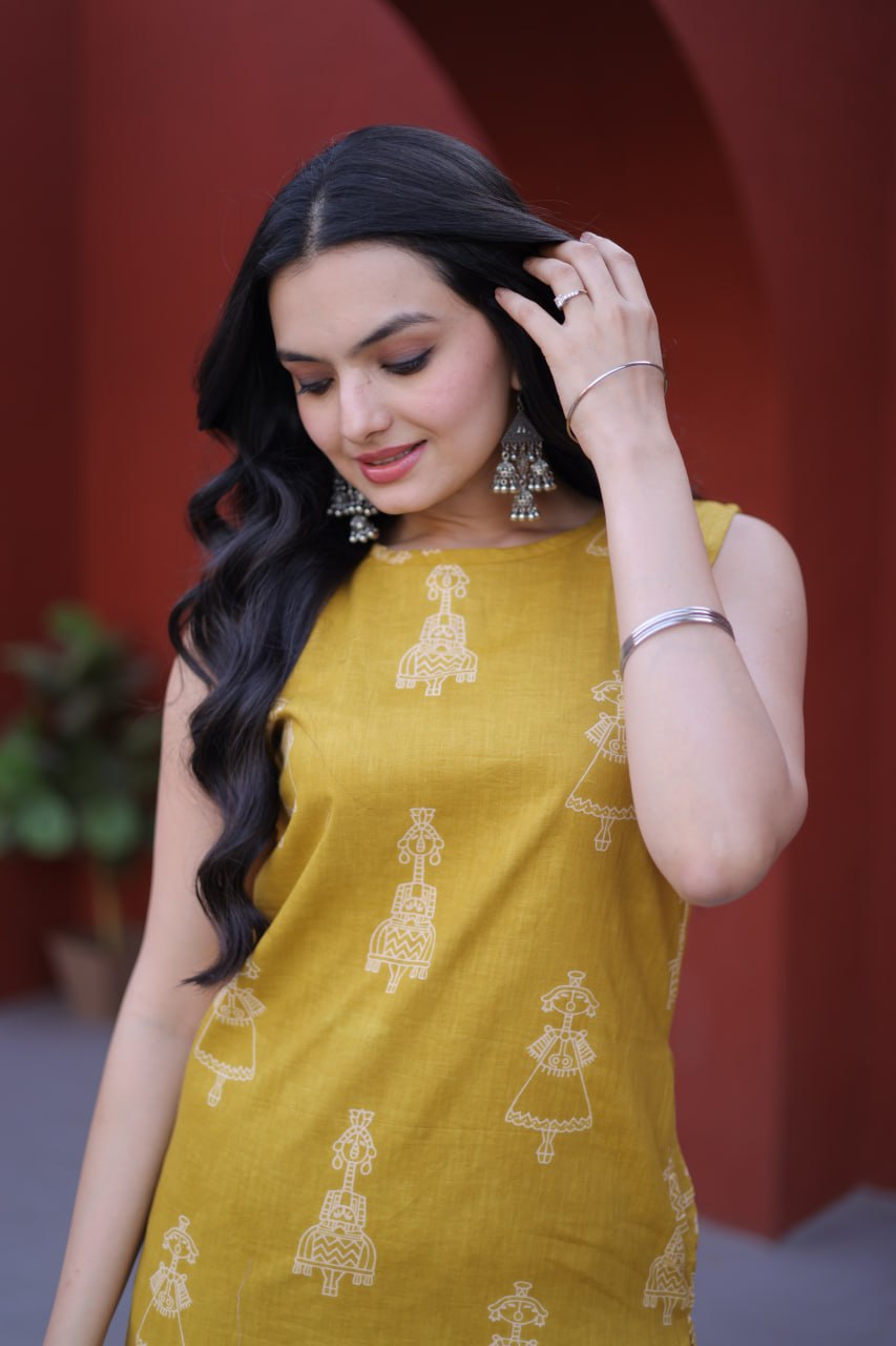 Yellow Color Printed Kurta Set with Side Pocket