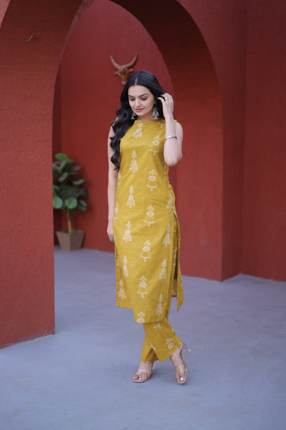 Yellow Color Printed Kurta Set with Side Pocket
