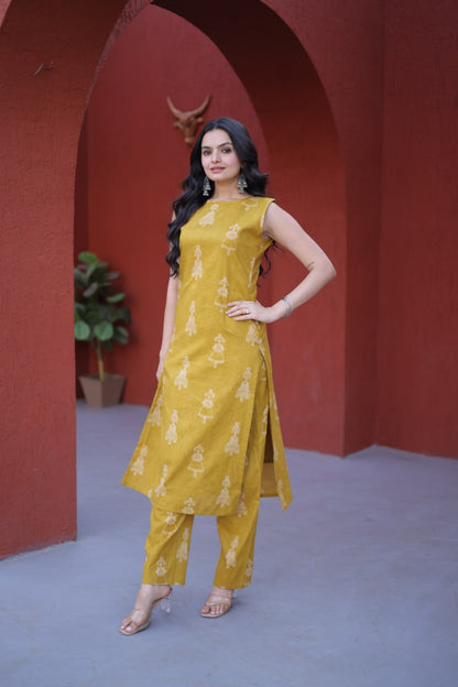 Yellow Color Printed Kurta Set with Side Pocket