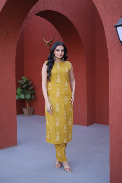 Yellow Color Printed Kurta Set with Side Pocket