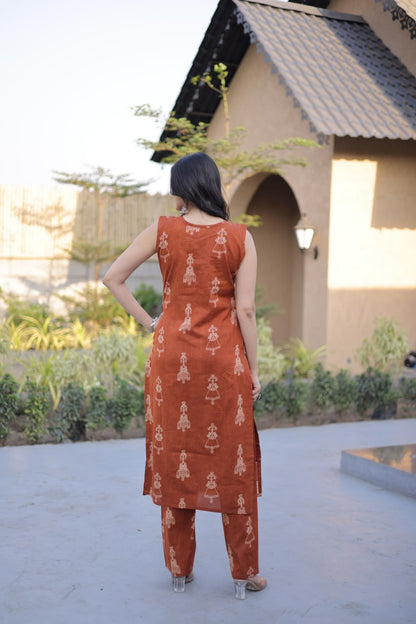 Rust Color Printed Kurta Set with Side Pocket