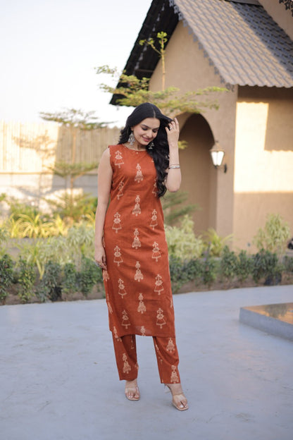 Rust Color Printed Kurta Set with Side Pocket