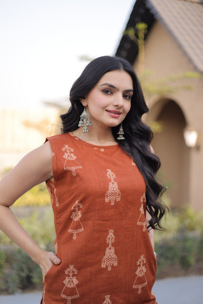 Rust Color Printed Kurta Set with Side Pocket