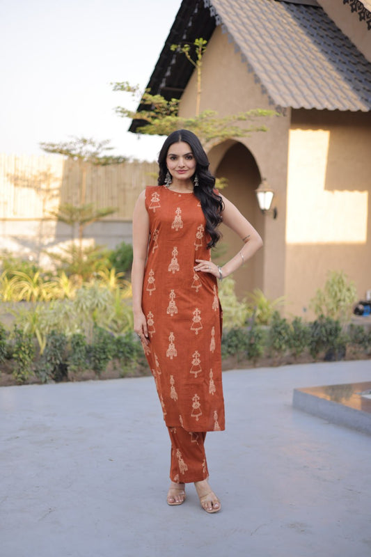 Rust Color Printed Kurta Set with Side Pocket