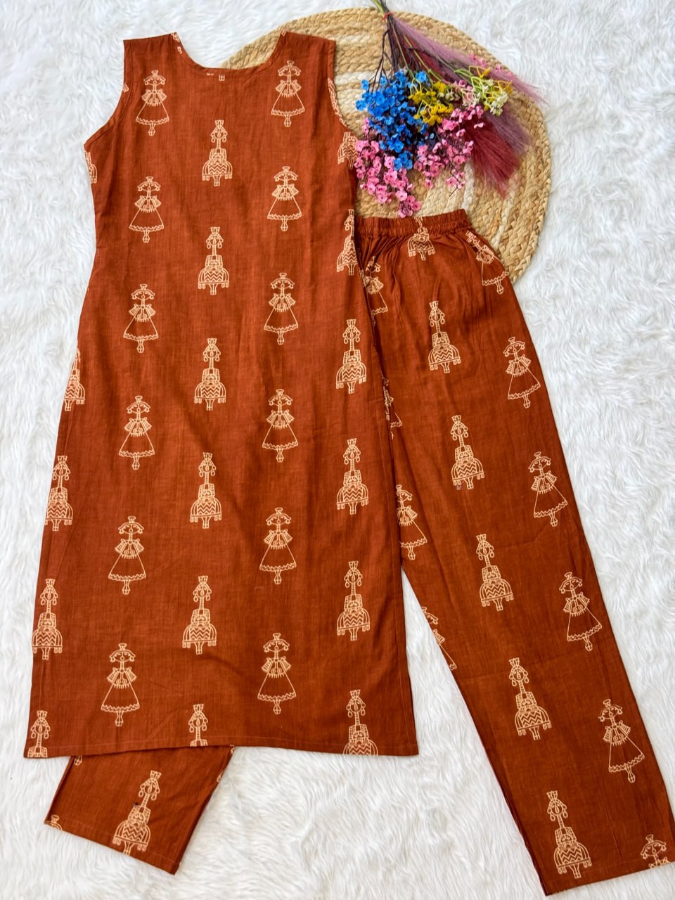 Rust Color Printed Kurta Set with Side Pocket