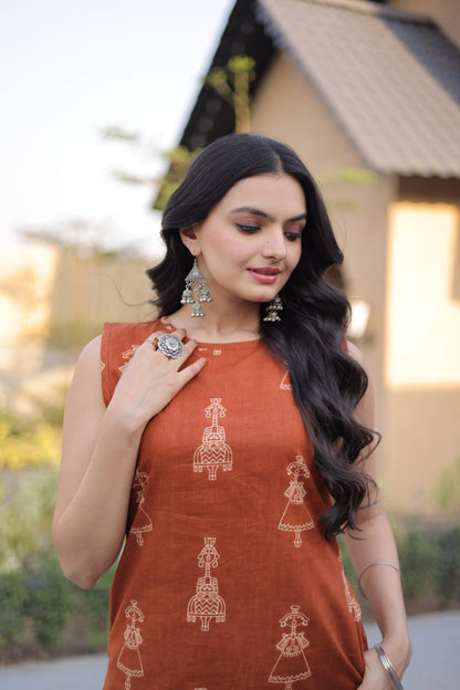 Rust Color Printed Kurta Set with Side Pocket