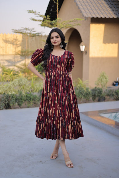 Maroon Printed Cotton Flared Maxi Dress with Puff Sleeves