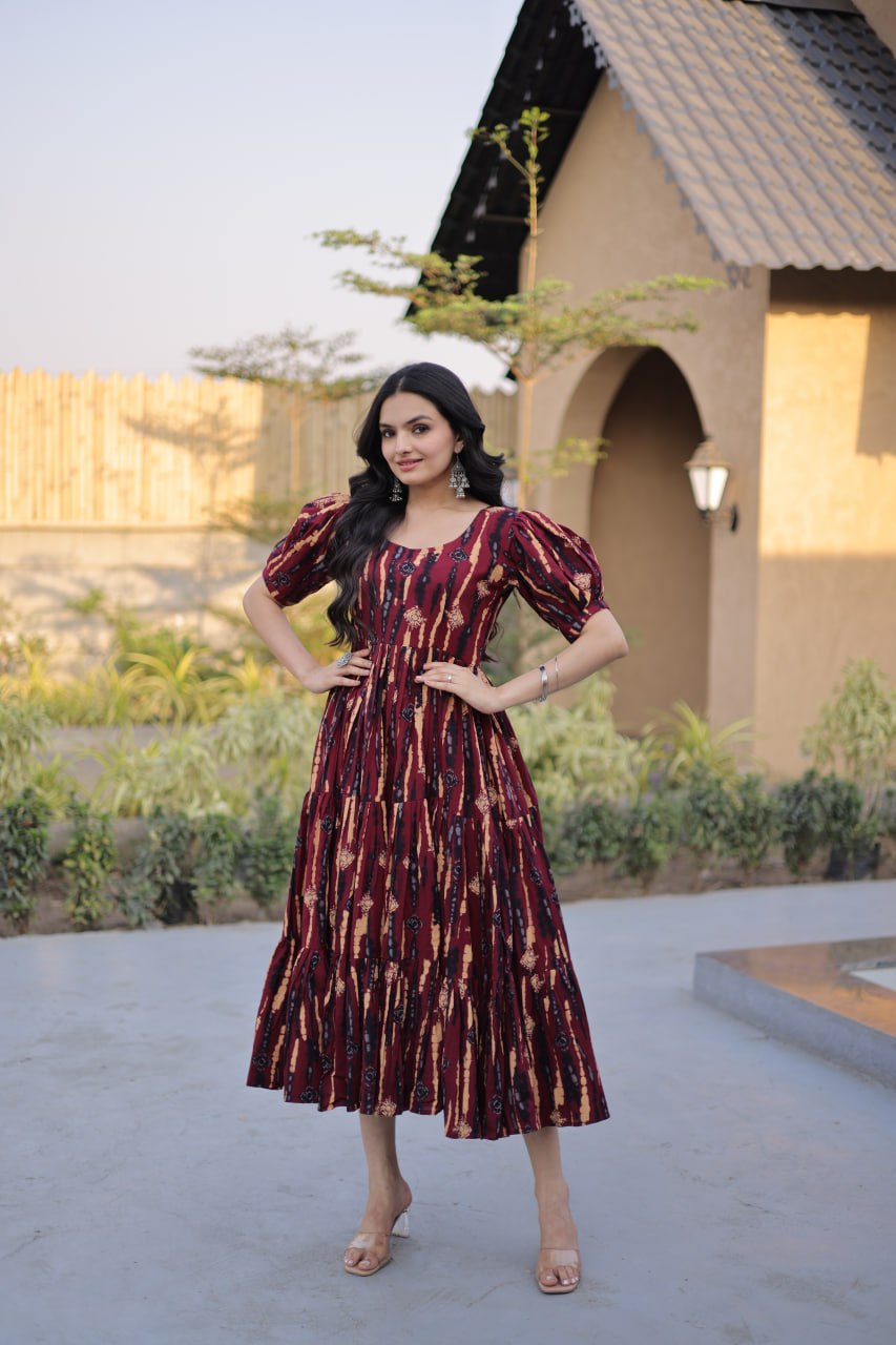 Maroon Printed Cotton Flared Maxi Dress with Puff Sleeves