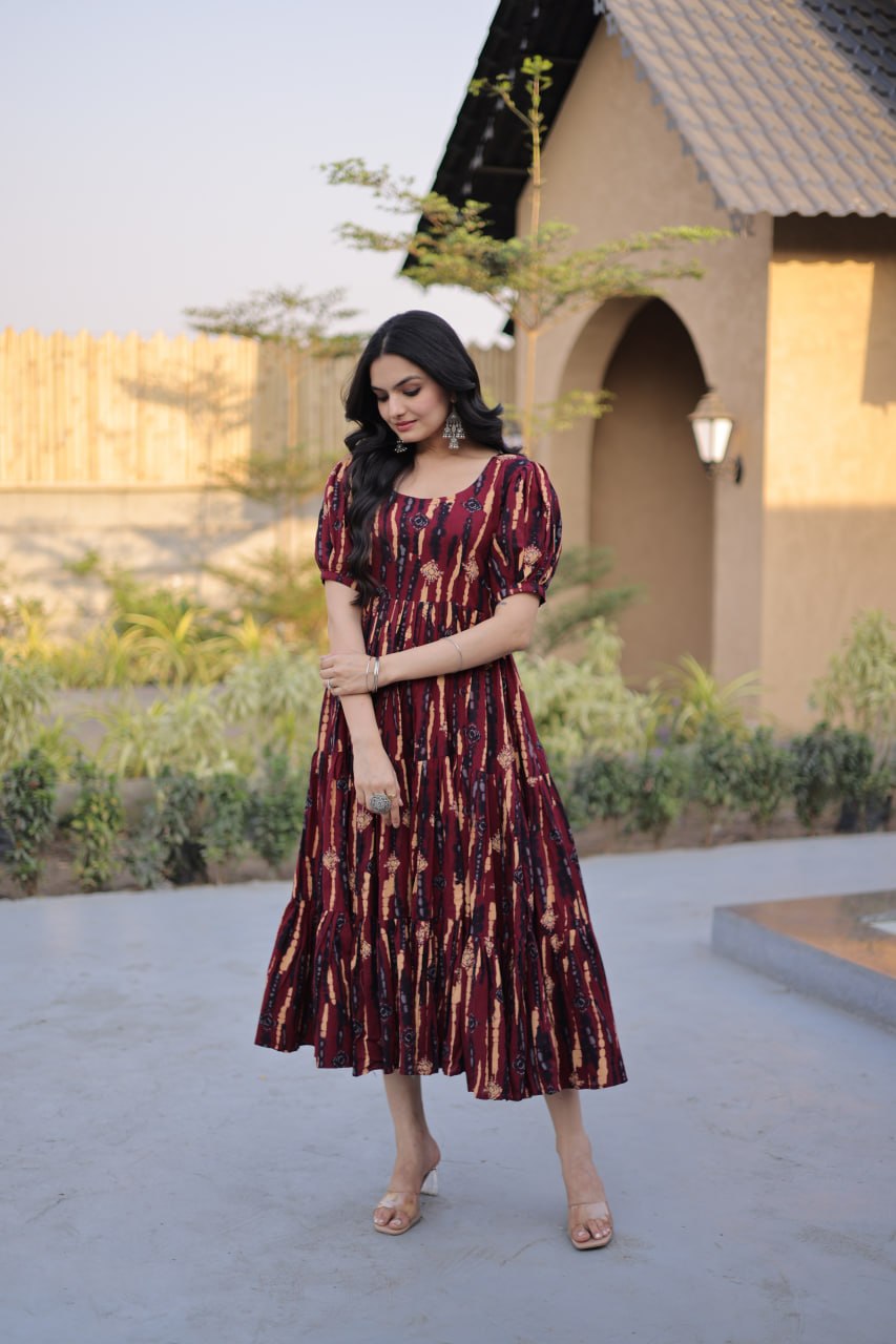 Maroon Printed Cotton Flared Maxi Dress with Puff Sleeves