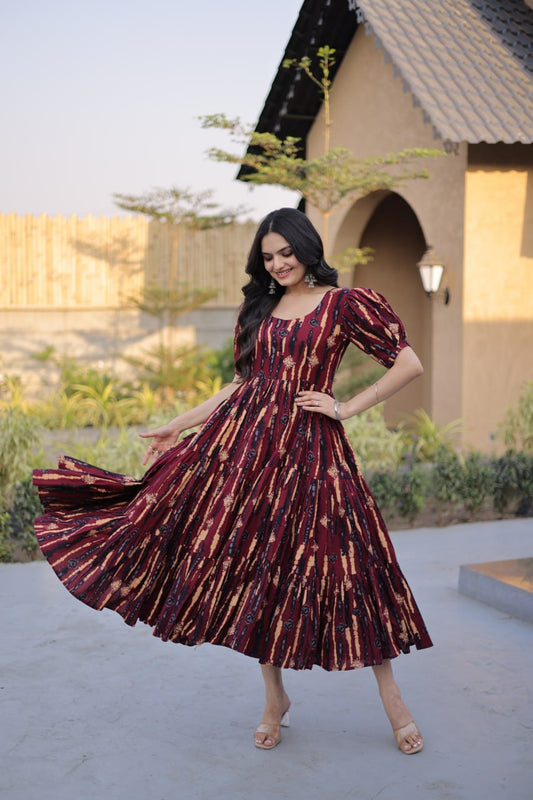 Maroon Printed Cotton Flared Maxi Dress with Puff Sleeves