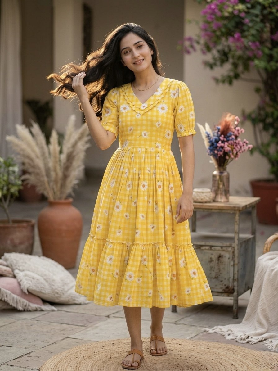Yellow Daisy Print Checkered Tiered Maxi Dress