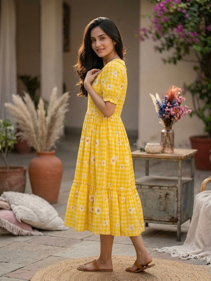 Yellow Daisy Print Checkered Tiered Maxi Dress