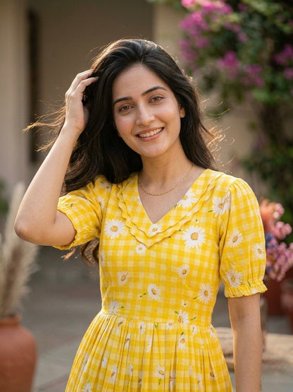 Yellow Daisy Print Checkered Tiered Maxi Dress