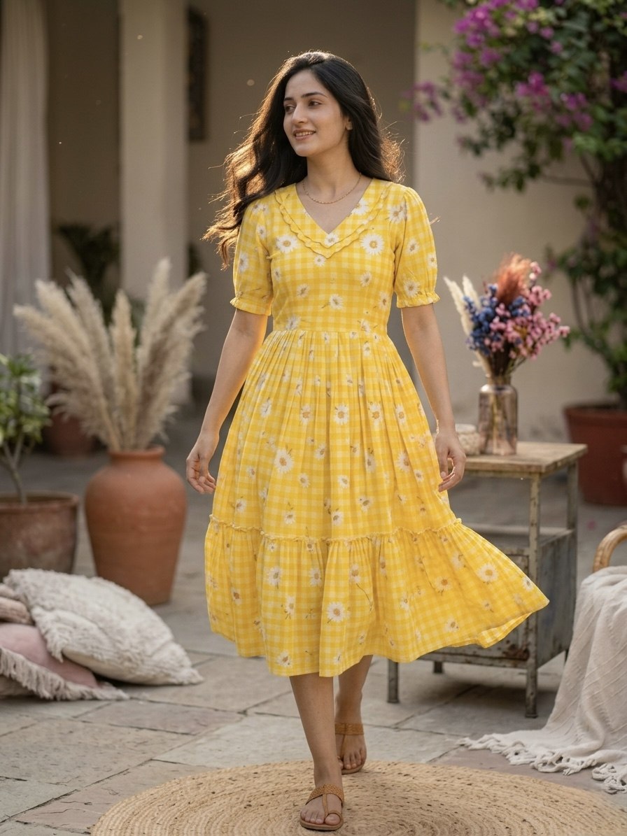 Yellow Daisy Print Checkered Tiered Maxi Dress