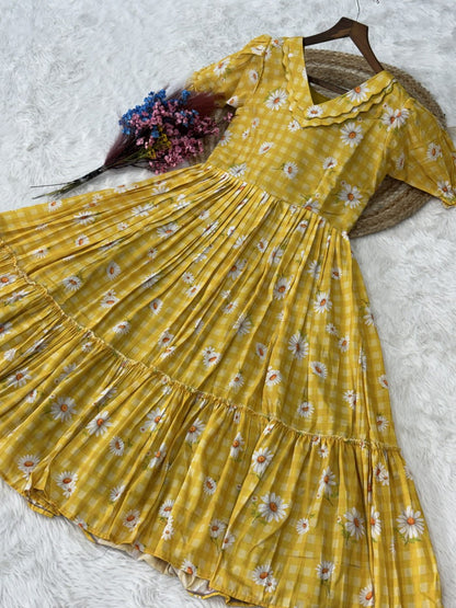 Yellow Daisy Print Checkered Tiered Maxi Dress