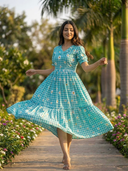 Sky Blue Daisy Print Checkered Tiered Maxi Dress