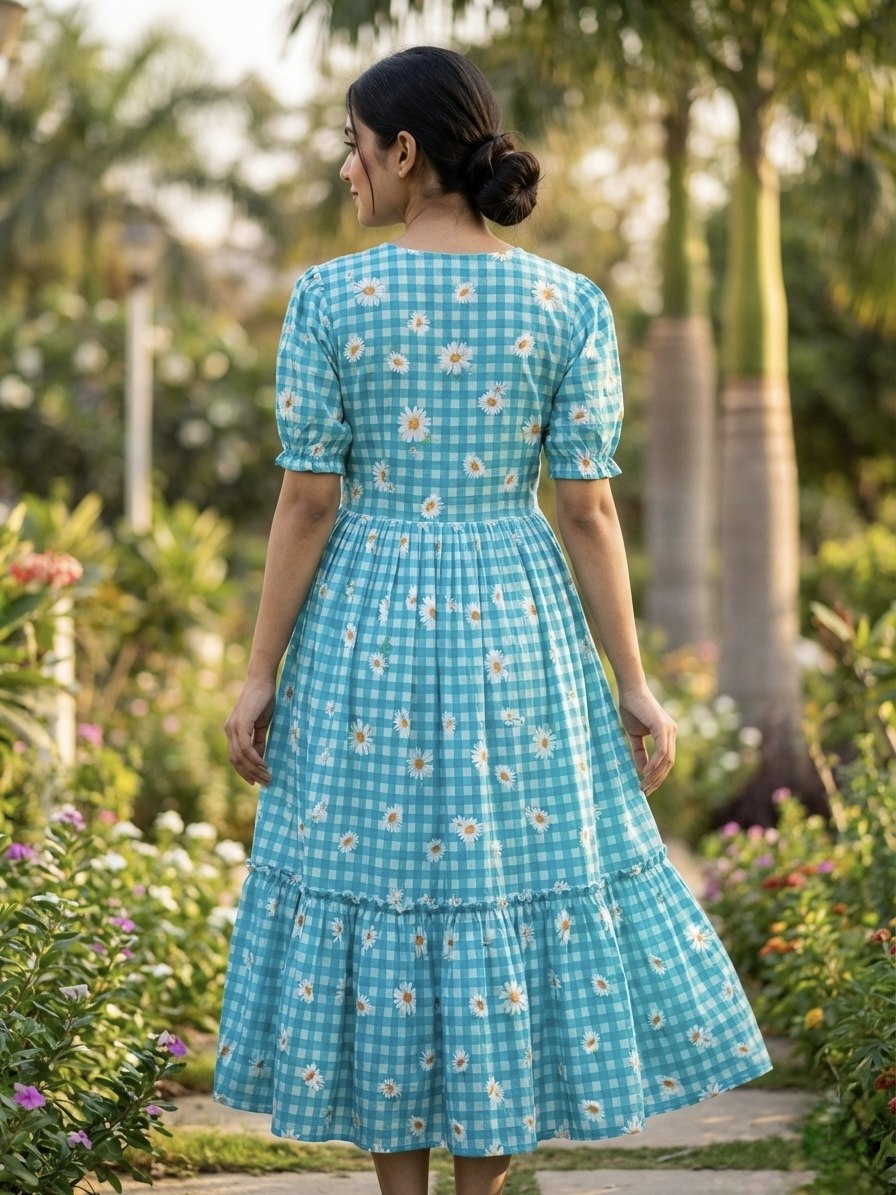 Sky Blue Daisy Print Checkered Tiered Maxi Dress