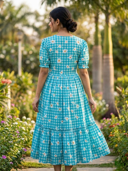 Sky Blue Daisy Print Checkered Tiered Maxi Dress