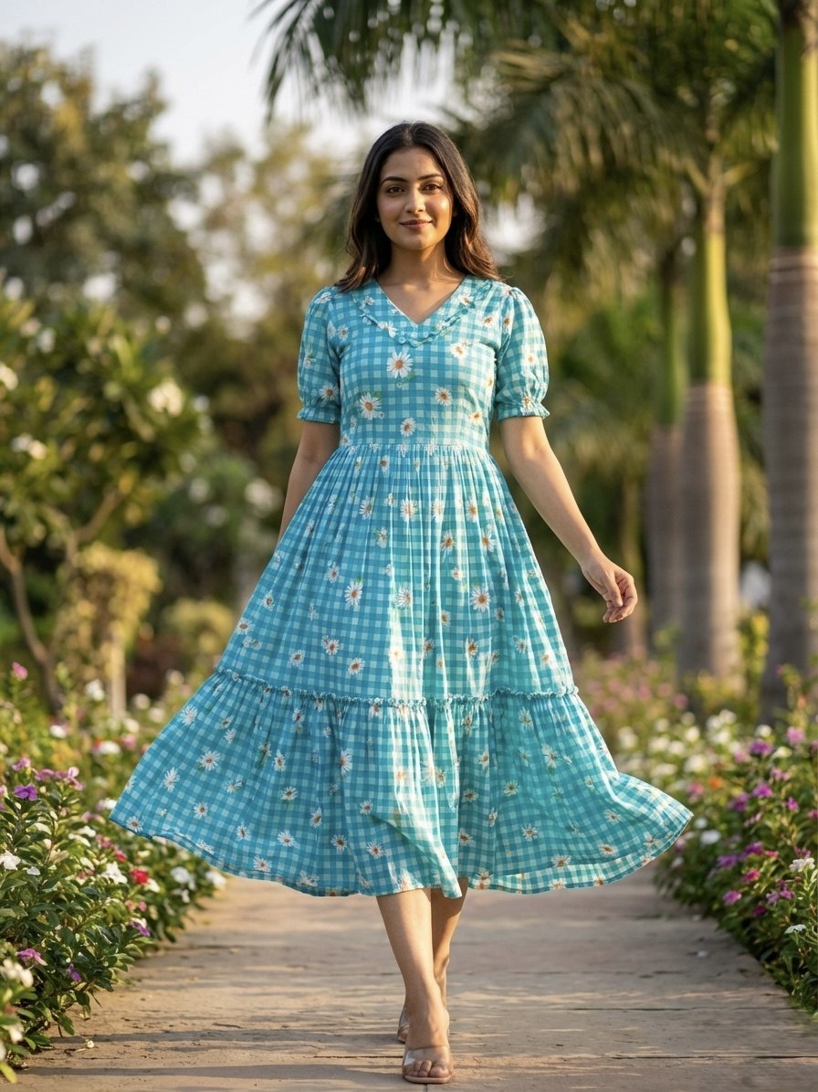 Sky Blue Daisy Print Checkered Tiered Maxi Dress