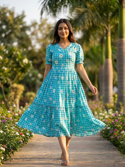 Sky Blue Daisy Print Checkered Tiered Maxi Dress
