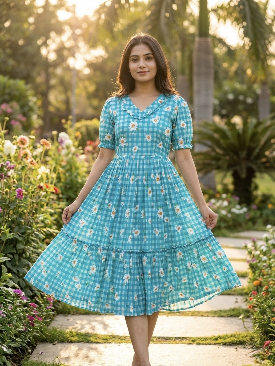 Sky Blue Daisy Print Checkered Tiered Maxi Dress