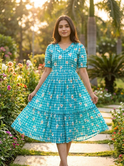 Sky Blue Daisy Print Checkered Tiered Maxi Dress
