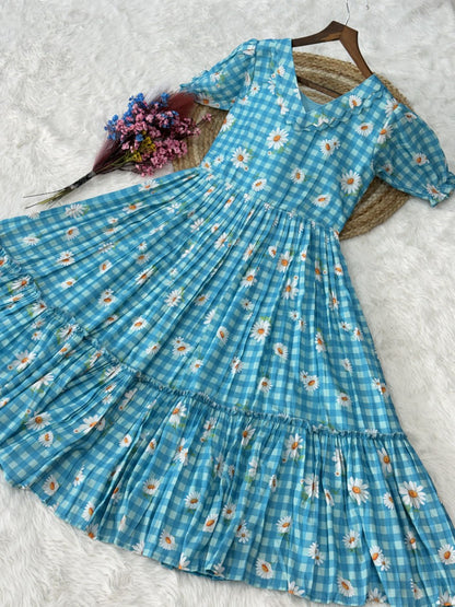 Sky Blue Daisy Print Checkered Tiered Maxi Dress