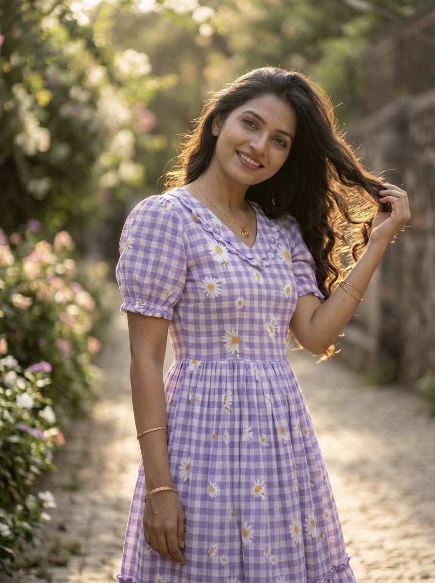 Lavender Daisy Print Checkered Tiered Maxi Dress