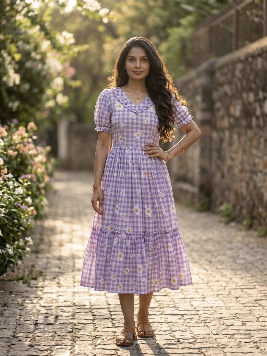 Lavender Daisy Print Checkered Tiered Maxi Dress