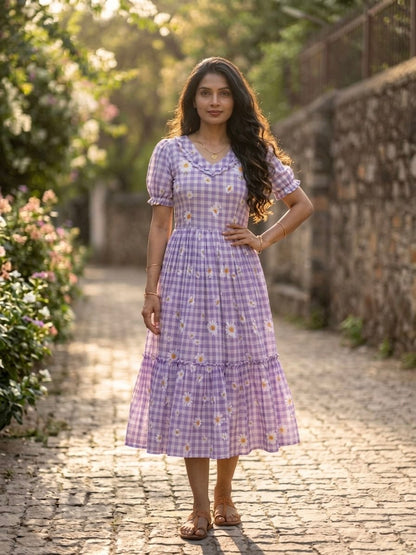 Lavender Daisy Print Checkered Tiered Maxi Dress
