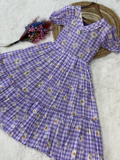 Lavender Daisy Print Checkered Tiered Maxi Dress