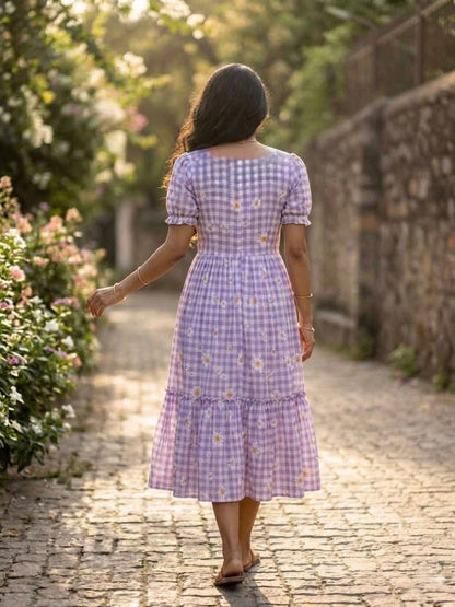 Lavender Daisy Print Checkered Tiered Maxi Dress