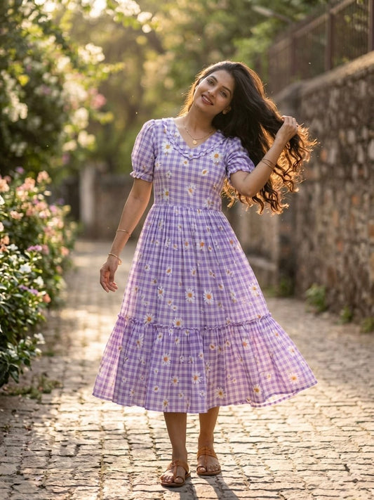 Lavender Daisy Print Checkered Tiered Maxi Dress