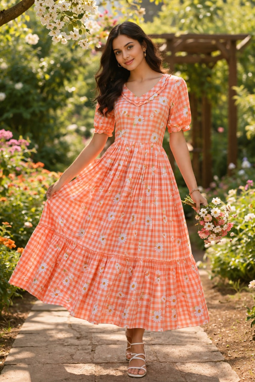 Peach Daisy Print Checkered Tiered Maxi Dress