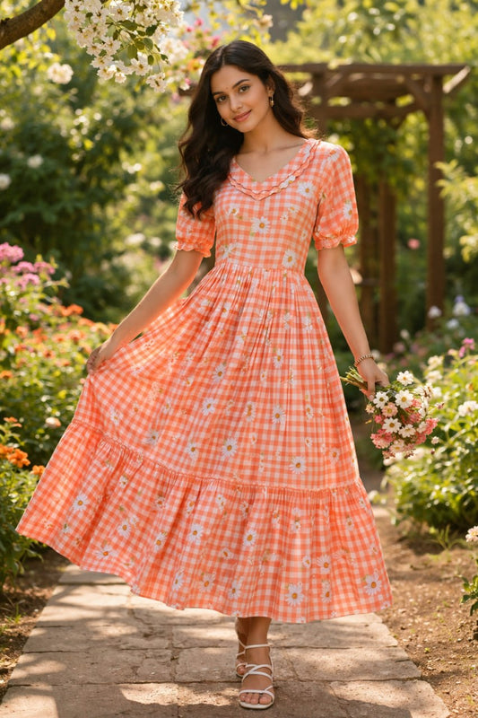 Peach Daisy Print Checkered Tiered Maxi Dress