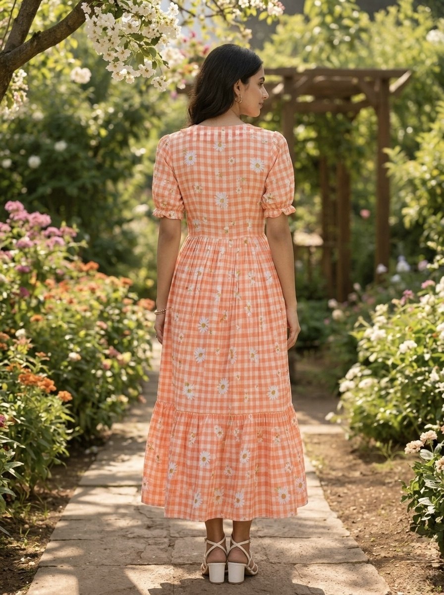 Peach Daisy Print Checkered Tiered Maxi Dress