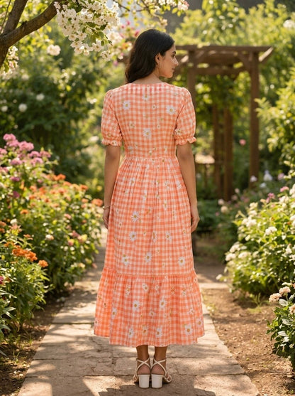 Peach Daisy Print Checkered Tiered Maxi Dress