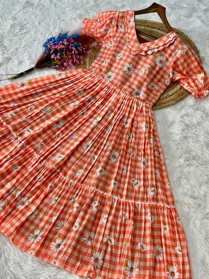 Peach Daisy Print Checkered Tiered Maxi Dress