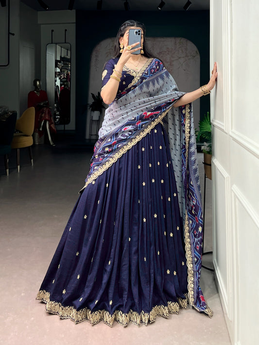 Elegant Navy Blue Embroidered Silk Lehenga Choli with Printed Dupatta