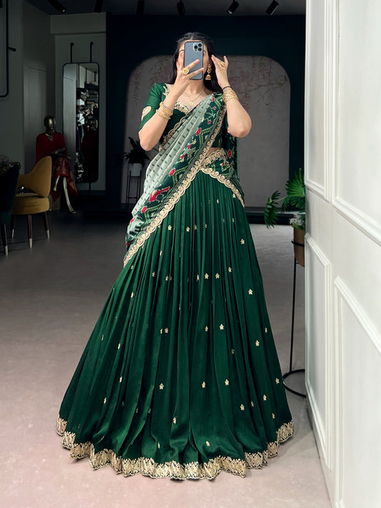 Elegant Green Embroidered Silk Lehenga Choli with Printed Dupatta
