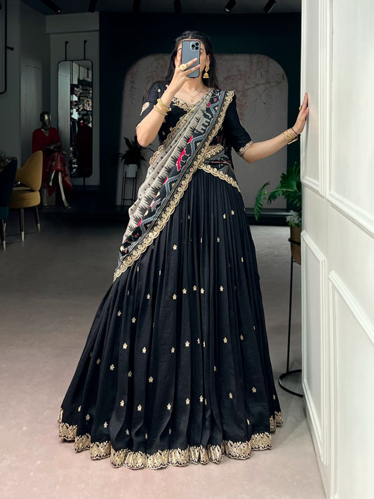 Elegant Black Embroidered Silk Lehenga Choli with Printed Dupatta