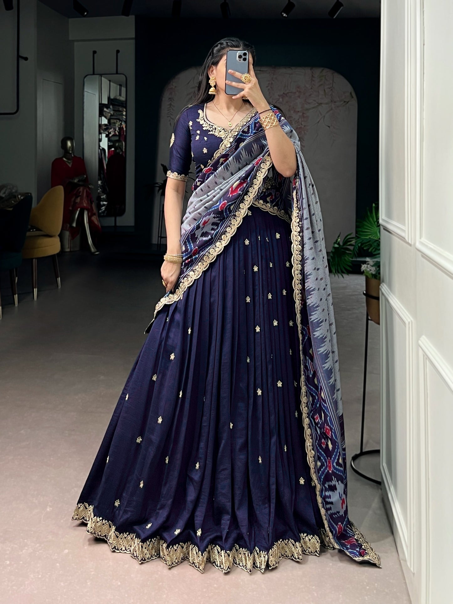 Elegant Navy Blue Embroidered Silk Lehenga Choli with Printed Dupatta