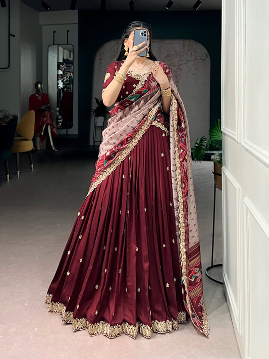 Elegant Maroon Embroidered Silk Lehenga Choli with Printed Dupatta