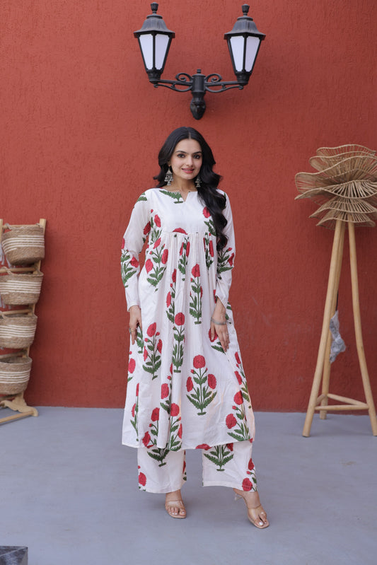 White & Maroon Floral Printed Cotton Nyra Cut Kurta Set