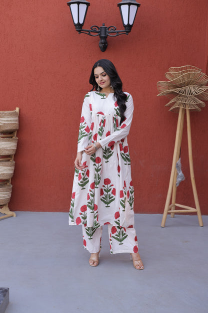 White & Maroon Floral Printed Cotton Nyra Cut Kurta Set