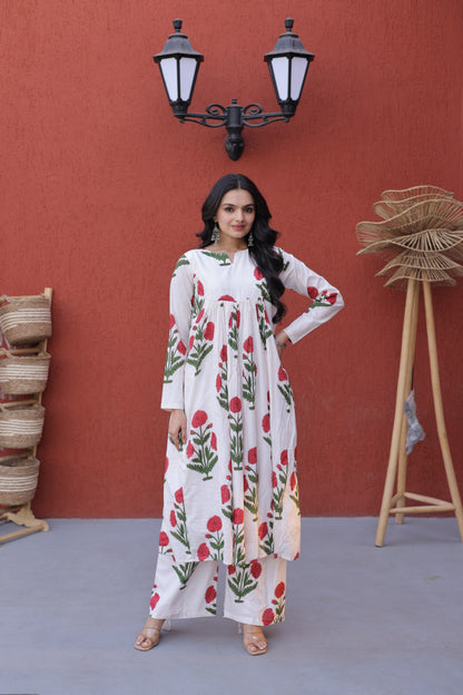 White & Maroon Floral Printed Cotton Nyra Cut Kurta Set